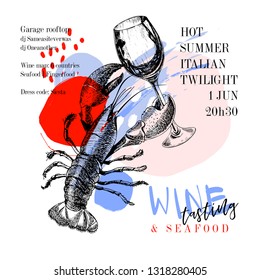 Wine tasting and seafood party poster. Vector hand drawn lobster with a glass of wine. Italian sea fingerfood banner. Modern abstract background. Vintage restaurant menu, invitation, flyer design.