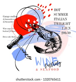 Wine tasting and seafood party poster. Vector hand drawn shrimp with a corcksrew. Italian sea fingerfood banner. Modern abstract background. Vintage restaurant menu, invitation, flyer design.