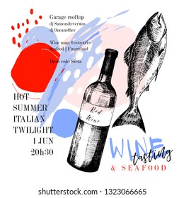 Wine tasting and seafood party poster. Vector hand drawn fish with red wine bottle. Italian sea fingerfood banner. Modern abstract background. Vintage restaurant menu, invitation, flyer design.