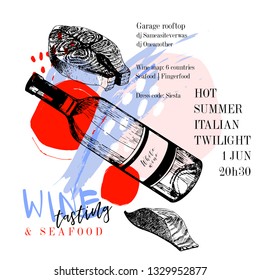 Wine tasting and seafood party poster. Vector hand drawn fish fillet with dry wine bottle. Italian sea fingerfood banner. Modern abstract background. Vintage restaurant menu, invitation, flyer design.