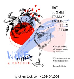 Wine tasting and seafood party poster. Vector hand drawn crab with a glass of wine. Italian sea fingerfood banner. Modern abstract background. Vintage restaurant menu, invitation, flyer design.