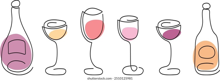 Degustación de vinos. Set de vino compuesto por copas y botellas. Ilustración vectorial coloreada en estilo moderno de línea fina: copas y botellas con diferentes tipos de vino.