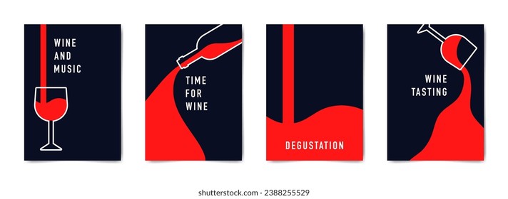 Wine tasting. Set of minimalist poster designs in red, white and blue colors. Vector illustration of a wine bottle and glasses.