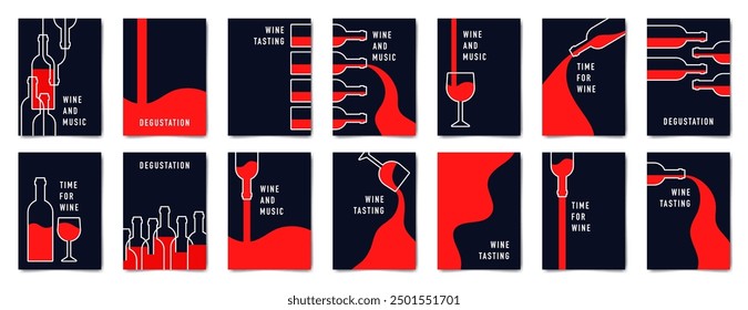 Wine tasting. Set of minimalist poster designs in red, white and blue colors. Vector illustration of a wine bottle and glasses.	