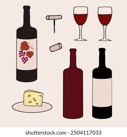 A wine tasting setup featuring red wines, cheese, and glasses on a neutral background