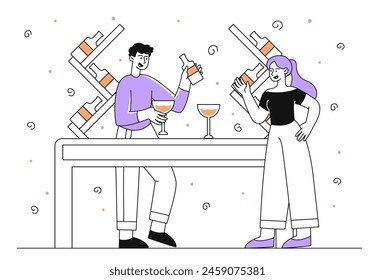 Wine tasting simple. Man and woman standing near glasses with alcoholic drinks and beverages. Friends in pub or bar, cafe with alcohol. Doodle flat vector illustration isolated on white background