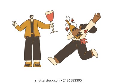 Wine tasting with sommelier. Friends meeting with beverage. Cute characters with wineglasses. Vector hand drawn illustration isolated on white background.