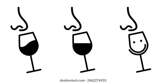 Wine tasting, sommelier icon. Nose and wine glasses. Sniffing wine in glass. Cartoon drawing glass for alcohol. Friends or friendship to cheers. Expert sampling red wine.