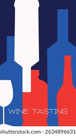Wine tasting, sommelier, wine list, alcohol bottle set. Poster for bar, red wine, chardonnay, merlot, whiskey, flat design