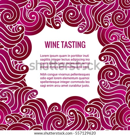 Wine tasting squared card. Frame design made of purple swirls. Brochure template. Clipping mask. EPS 10 vector illustration.