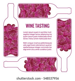 Wine tasting squared card. Stylized bottle with swirls inside. Brochure design template.EPS 10 vector illustration. Isolated. 