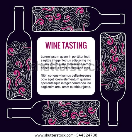 Wine tasting squared card. Stylized bottle with swirls inside. Brochure design template.EPS 10 vector illustration. Isolated. 