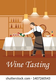 Wine Tasting in Wine Store Flat Vector Banner. Bartender, Sommelier in black Apron Pouring Alcohol. Degustation Event Flyer Design Layout. Wedding Catering Service. Luxury Restaurant