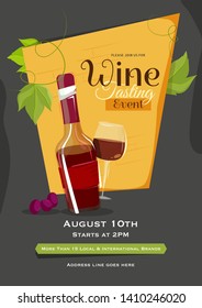 Wine Tasting template design with illustration of wine bottle and drink glass on abstract background.