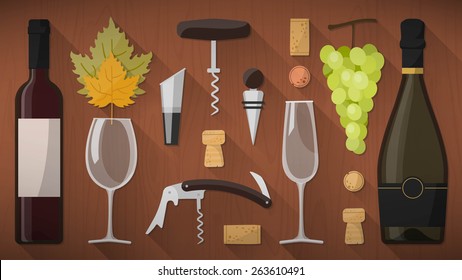 Wine tasting toolkit for wine makers, sommelier and experts, including wine glass, bottles, corkscrews and assorted objects on wooden background