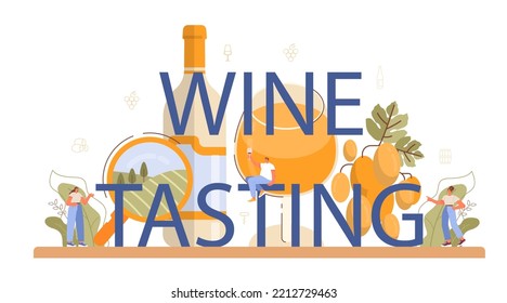 Wine tasting typographic header. Wood barrel, bottle of a red wine and glass full of alcohol drink. Reciepe development, exposure and samping, grape selection. Flat vector illustration