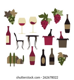 Wine tasting vector. Wine bottles, wine glasses, grapes.