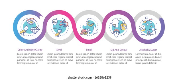 Plantilla infográfica vectorial de degustación de vinos. Elementos de diseño de presentación de rasgos de bebidas alcohólicas. Visualización de datos con 5 pasos. Diagrama de la escala de tiempo del proceso. Diseño de flujo de trabajo con iconos lineales