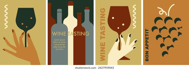 Wine tasting vector set in earthy tones. Collection of minimal vintage posters with bottle, glass of wine. Perfect background for restaurant menu, invitation for an event, festival, party, promotion