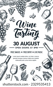 Wine tasting vertical poster banner with hand drawn calligraphy lettering. Vector sketch illustration of wine bottle, glasses, grape on white background. Winery shop, menu, package design template