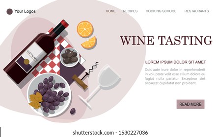 Wine tasting web page.  Wine bottle, olives and grapes composition on white background. Vector Illustration