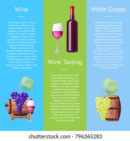 Wine tasting white grapes vector illustration poster design with wooden barrel, bunch of purple grape, wineglass and bottle, ripe fruit and text