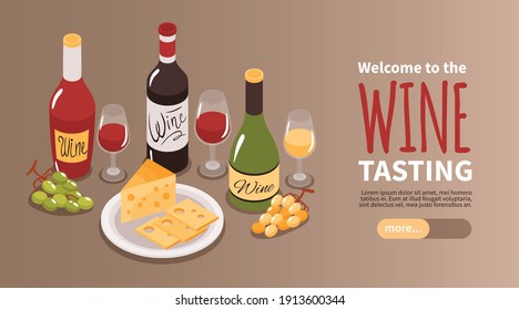 Wine tasting winery tours isometric horizontal web banner with white red rose bottles cheese grape vector illustration 