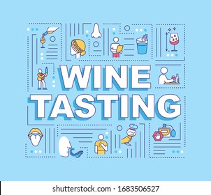 Wine Probieren Wort Konzepte Banner. Angemessene Manieren und Etiquette, um das Restaurant zu besuchen. Infografiken mit linearen Symbolen auf türkisem Hintergrund. Alleinstehende Typografie. Vektorillustration-Umriss-RGB-Farbgrafik