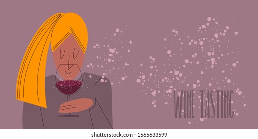 Wine Tasting. A Young Blond Woman With A Big Nose Smells The Wine. Professional Sommelier. Wine Expert Enjoys The Glass Of Wine. Pink Background With Spots- Vector