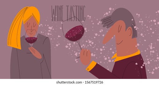 Wine tasting. A young blond woman with a big nose smells the wine. Professional sommelier inspects glass under lighting. An expert enjoys the glass of wine. Pink background with spots - Vector