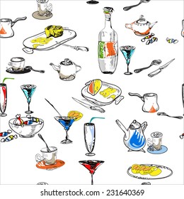 Wine, Tea Pots, Sweets, Coffee Cups and Cheese Plate seamless pattern on white