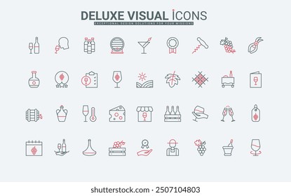 Wine testing and alcohol drink storage, winery line icons set. Grapes growth in vineyard, restaurant menu and temperature in cellar, wineglass thin black and red outline symbols vector illustration