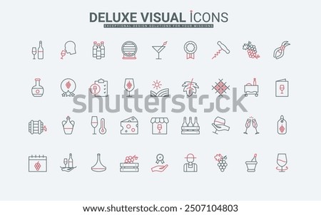 Wine testing and alcohol drink storage, winery line icons set. Grapes growth in vineyard, restaurant menu and temperature in cellar, wineglass thin black and red outline symbols vector illustration