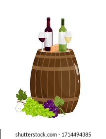 Wine testing concept. Wooden Barrel, wine glasses, red and whte wine, cheese, grape bunches. Vector illustration
