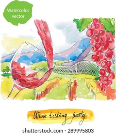 Wine testing party, watercolor, vector