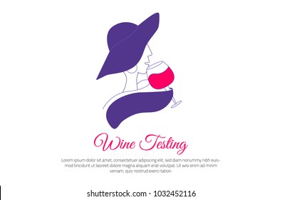 Wine testing poster with silhouette of elegant woman in hat with wine glass. Vector degustation concept