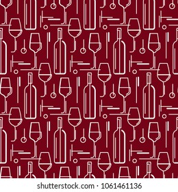 Wine texture. Glasses and bottles. Modern line style. Seamless vector pattern.