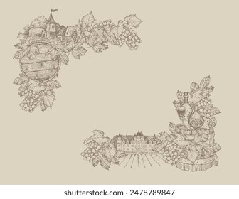 Wine theme. A bottle and barrel of wine, cheese and bunches of grapes,  ancient chateau. Detailed hand drawing.