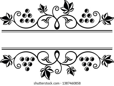 Wine theme decorative grapes ornamental frame border. Grape branches with bunch of grapes and leaves.
