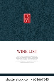 Wine theme design template with hand drawn background and logo.
Grape texture in style of engraving. Vector illustration.