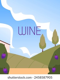 Wine theme poster. Vector illustration of a vineyard landscape with grapevines, trees, and the word 'WINE' prominently displayed in the sky.