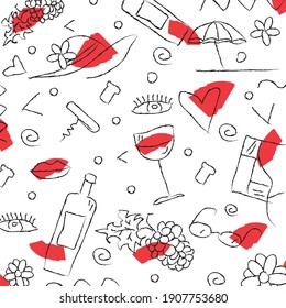 Wine themed doodle hand drawing vector illustration background pattern