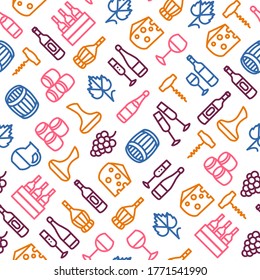 Wine Thin Line Concept Seamless Pattern Background on a White Include of Bottle, Barrel, Grape, Corkscrew, Wineglass, Vine and Cheese. Vector illustration of Icons