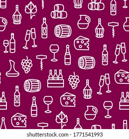 Wine Thin Line Concept Seamless Pattern Background Include of Bottle, Barrel, Grape, Corkscrew, Wineglass, Vine and Cheese. Vector illustration of Icons