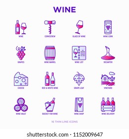 Wine thin line icons set: corkscrew, wine glass, cork, grapes, barrel, list, decanter, cheese, vineyard, bucket, shop, delivery. Modern vector illustration.