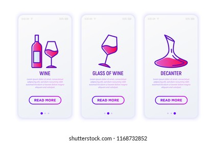 Wine thin line icons set: bottle, drinking glass, decanter. Modern vector illustration.