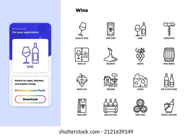 Wine Thin Line Icons Set: Corkscrew, Wine Glass, Cork, Grapes, Barrel, List, Decanter, Cheese, Vineyard, Bucket, Shop, Delivery. Modern Vector Illustration.