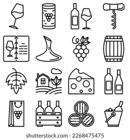 Wine thin line icons set: corkscrew, wine glass, cork, grapes, barrel, list, decanter, cheese, vineyard, bucket, shop, delivery. Modern vector illustration.