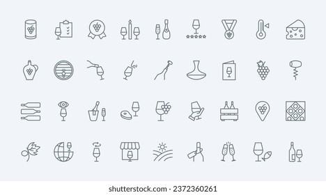 Wine thin line icons set vector illustration. Outline storage and tasting of grape wine, winery and cellar barrel, wineglass and bottle of alcohol, bar and restaurant menu to taste drink, test smell