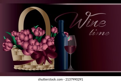 Wine time. Flowers in a purse. A glass of wine. Wine bottle. Dark background. Beautiful illustration for brand stores. Vector holiday invitation. Inscription peonies